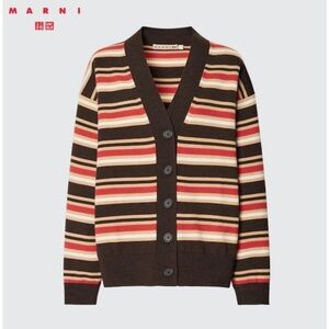 MARNI x Uniqlo Merino Wool Blend Striped Oversized Cardigan in Dark Brown - XS